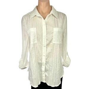 Chico's Size 2/ L White Blouse Crinkle Polyester Fabric Long Sleeve Button Front